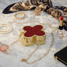Load image into Gallery viewer, Mini Red Quatrefoil Sparkle Crossbody Compact
