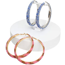 Load image into Gallery viewer, Blue Rhinestone Crusted Silver Hoops
