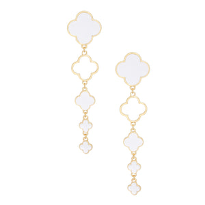 Dangle Gold White Quatrefoil Linear Earrings