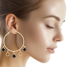 Load image into Gallery viewer, Hoops Gold Black Clover Dangle Charms Earrings
