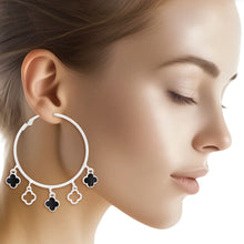 Load image into Gallery viewer, Hoops Silver Black Clover Dangle Charms Earrings
