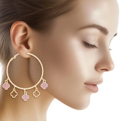 Hoops Gold Pink Clover Dangle Charms Earrings