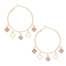 Load image into Gallery viewer, Hoops Gold Pink Clover Dangle Charms Earrings
