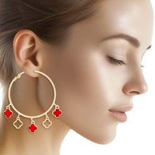 Load image into Gallery viewer, Hoops Gold Red Clover Dangle Charms Earrings Women
