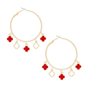 Hoops Gold Red Clover Dangle Charms Earrings Women