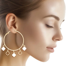 Load image into Gallery viewer, Hoops Gold White Clover Dangle Charms Earrings
