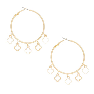 Hoops Gold White Clover Dangle Charms Earrings