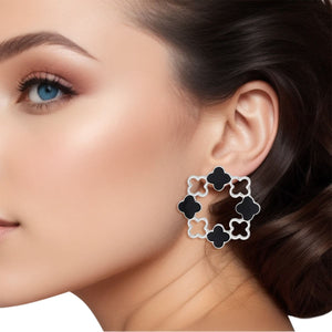 Stud Silver Clover Wreath Black Earrings for Women