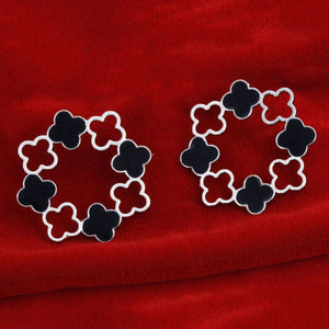 Stud Silver Clover Wreath Black Earrings for Women