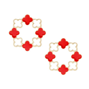 Stud Gold Clover Wreath Red Earrings for Women