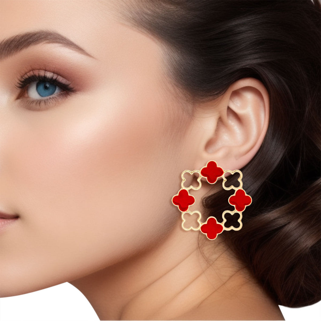 Stud Gold Clover Wreath Red Earrings for Women