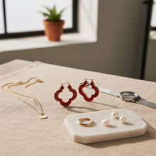 Load image into Gallery viewer, Hoop Red Resin Gold Quatrefoil Clover Earrings
