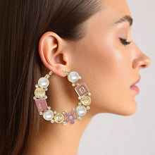 Load image into Gallery viewer, Hoop Uptown Glam Pearl Gold and Pink Earrings
