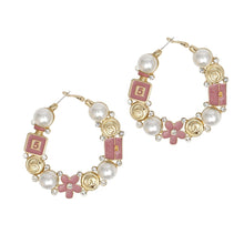 Load image into Gallery viewer, Hoop Uptown Glam Pearl Gold and Pink Earrings
