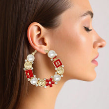 Load image into Gallery viewer, Hoop Uptown Glam Pearl Gold and Red Earrings
