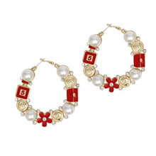 Load image into Gallery viewer, Hoop Uptown Glam Pearl Gold and Red Earrings
