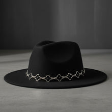 Load image into Gallery viewer, Black Fedora Hat with Black Silver Quatrefoil Band
