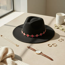 Load image into Gallery viewer, Black Fedora Hat with Pink Gold Quatrefoil Band
