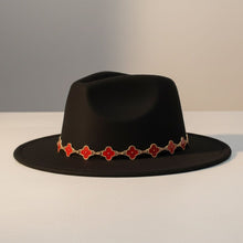 Load image into Gallery viewer, Black Fedora Hat with Red Gold Quatrefoil Band
