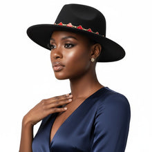 Load image into Gallery viewer, Black Fedora Hat with Red Gold Quatrefoil Band
