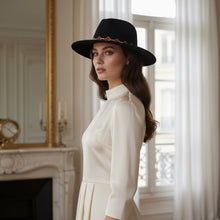 Load image into Gallery viewer, Black Fedora Hat with Red Gold Quatrefoil Band
