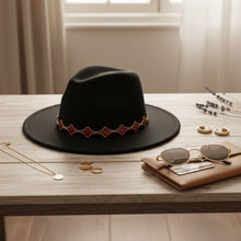 Load image into Gallery viewer, Black Fedora Hat with Red Gold Quatrefoil Band
