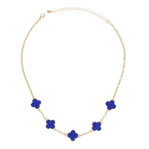 Necklace Gold Blue Rhinestone Quatrefoil Clovers