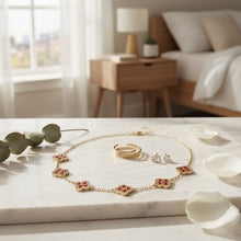 Load image into Gallery viewer, Red Encrusted Quatrefoil 5 Motif Chain Necklace
