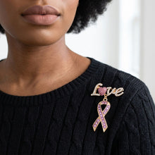 Load image into Gallery viewer, Gold Breast Cancer Love Pink Ribbon Dangle Brooch

