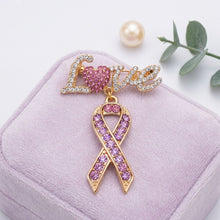 Load image into Gallery viewer, Gold Breast Cancer Love Pink Ribbon Dangle Brooch
