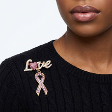 Load image into Gallery viewer, Gold Breast Cancer Love Pink Ribbon Dangle Brooch
