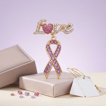 Load image into Gallery viewer, Gold Breast Cancer Love Pink Ribbon Dangle Brooch
