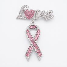Load image into Gallery viewer, Silver Breast Cancer Love Pink Ribbon Dangle Brooch
