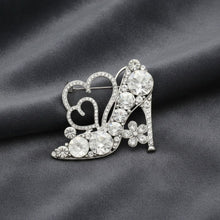 Load image into Gallery viewer, Glass Crystal High Heel and Heart Silver Brooch
