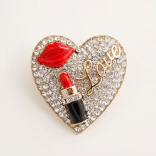 Load image into Gallery viewer, Gold Crystal Heart Red Lips Lipstick Love Brooch
