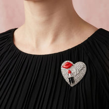 Load image into Gallery viewer, Silver Crystal Heart Red Lips Lipstick Love Brooch
