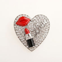 Load image into Gallery viewer, Silver Crystal Heart Red Lips Lipstick Love Brooch
