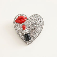 Load image into Gallery viewer, Silver Crystal Heart Red Lips Lipstick Love Brooch
