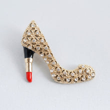 Load image into Gallery viewer, Gold &amp; Clear Leopard High Heel Lipstick Brooch
