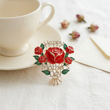 Load image into Gallery viewer, Brooch Gold Mother's Day Red Rose Bouquet Pin
