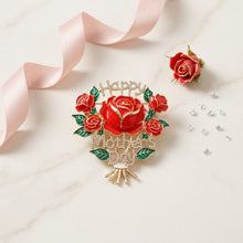 Load image into Gallery viewer, Brooch Gold Mother's Day Red Rose Bouquet Pin
