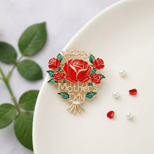 Load image into Gallery viewer, Brooch Gold Mother's Day Red Rose Bouquet Pin
