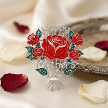 Load image into Gallery viewer, Brooch Silver Mother's Day Red Rose Bouquet Pin
