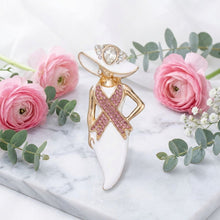 Load image into Gallery viewer, White Breast Cancer Pink Ribbon Lady Gold Brooch
