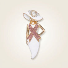 Load image into Gallery viewer, White Breast Cancer Pink Ribbon Lady Gold Brooch
