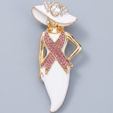 Load image into Gallery viewer, White Breast Cancer Pink Ribbon Lady Gold Brooch
