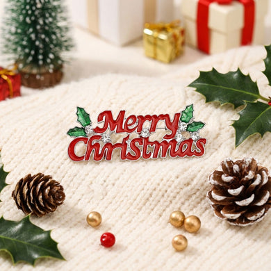 Brooch Red Merry Christmas Holly Silver Pin
