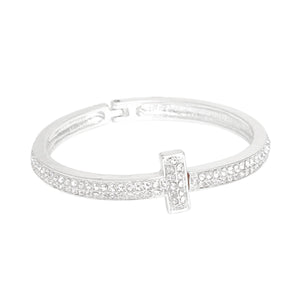 Cuff Silver 2 Row Pave Cross Hinge Bracelet Women