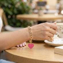 Load image into Gallery viewer, Pink Heart Charm Gold Oval Chain Bracelet
