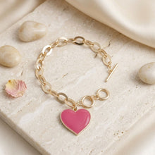 Load image into Gallery viewer, Pink Heart Charm Gold Oval Chain Bracelet

